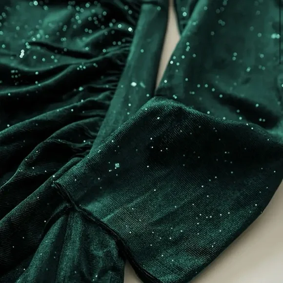 Green Velvet Glitter Ruched Bodycon Wrap Dress - Picture 5 of 6